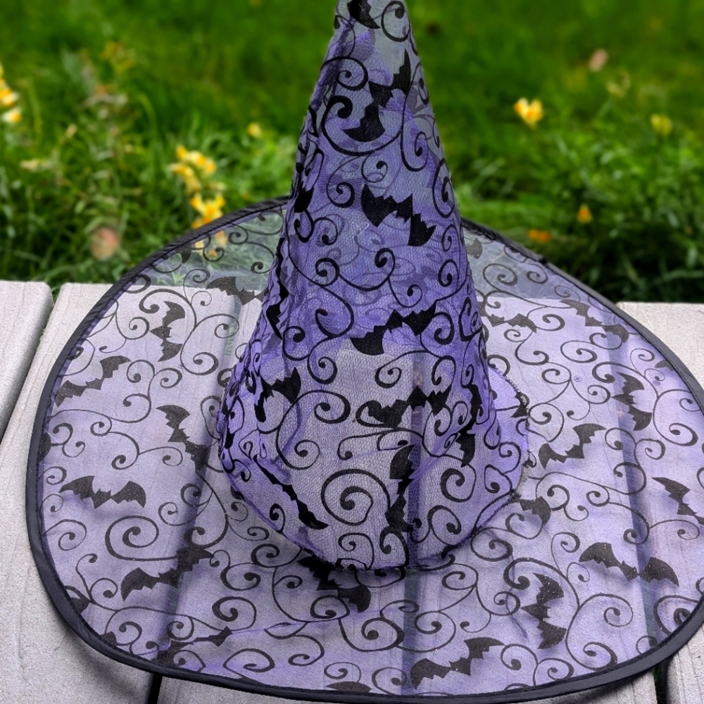 See through purple witch hat with bats
